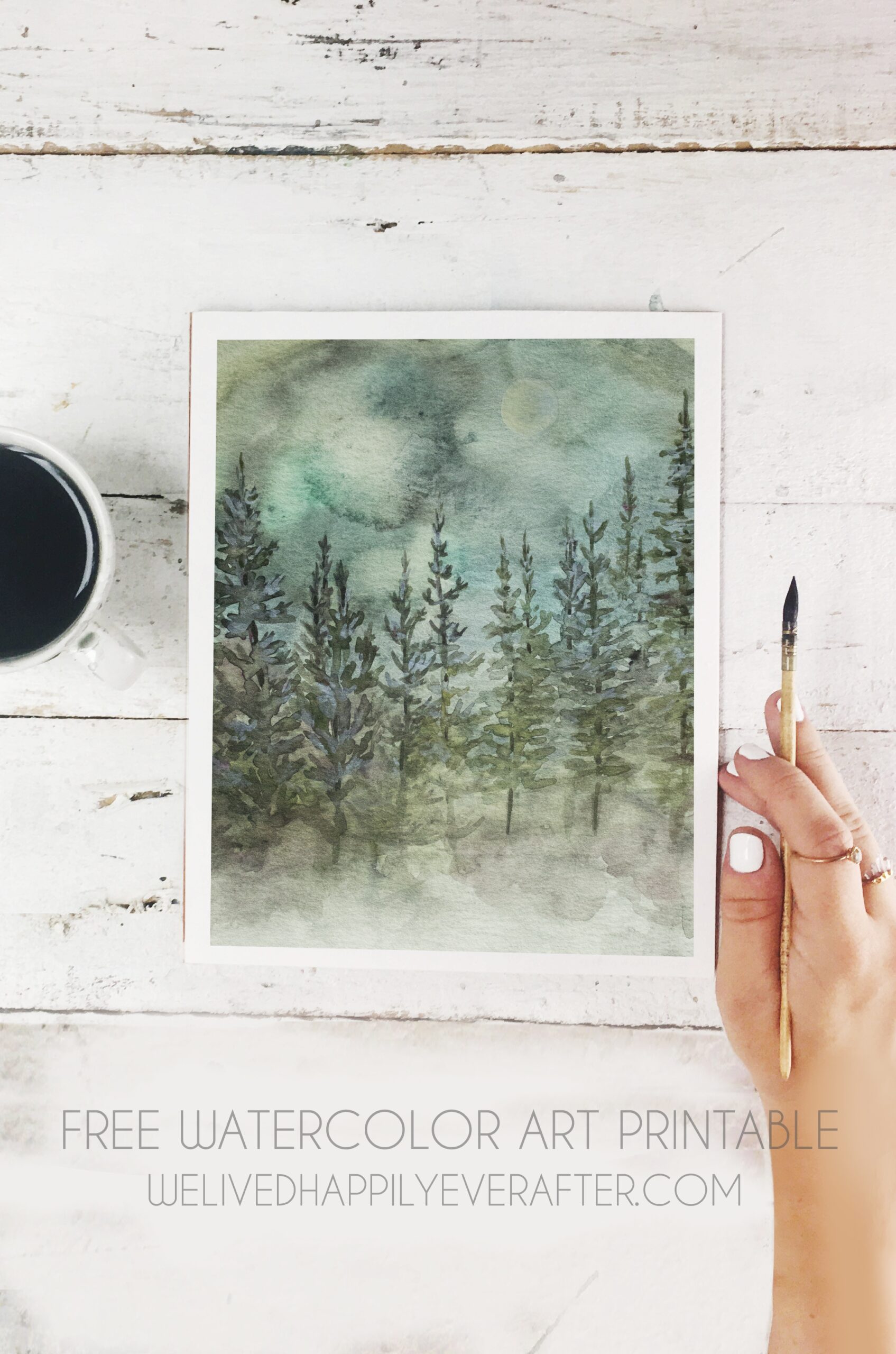 Free Watercolor Mountain Pine Tree Forest Scenery Printable