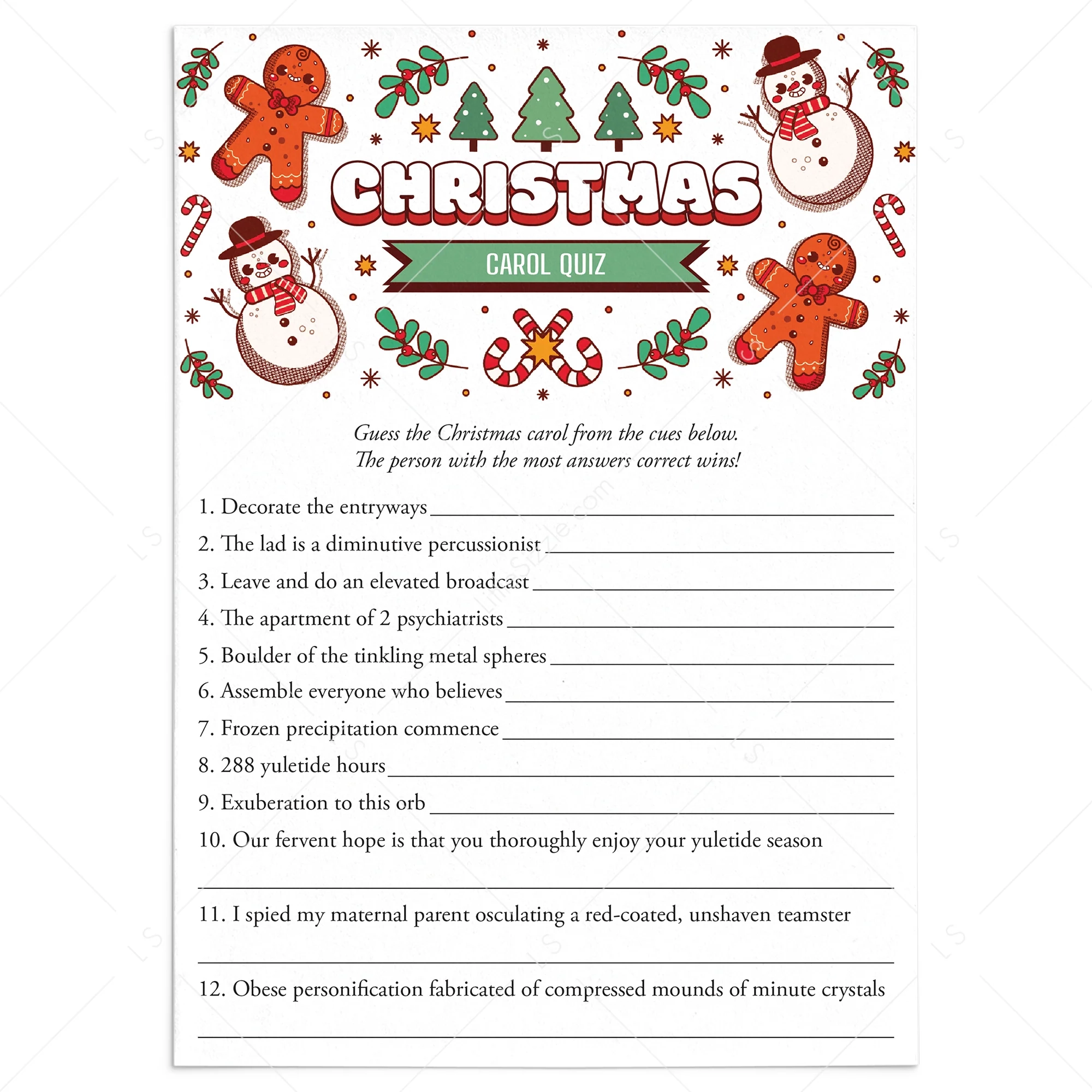 christmas song picture game printable