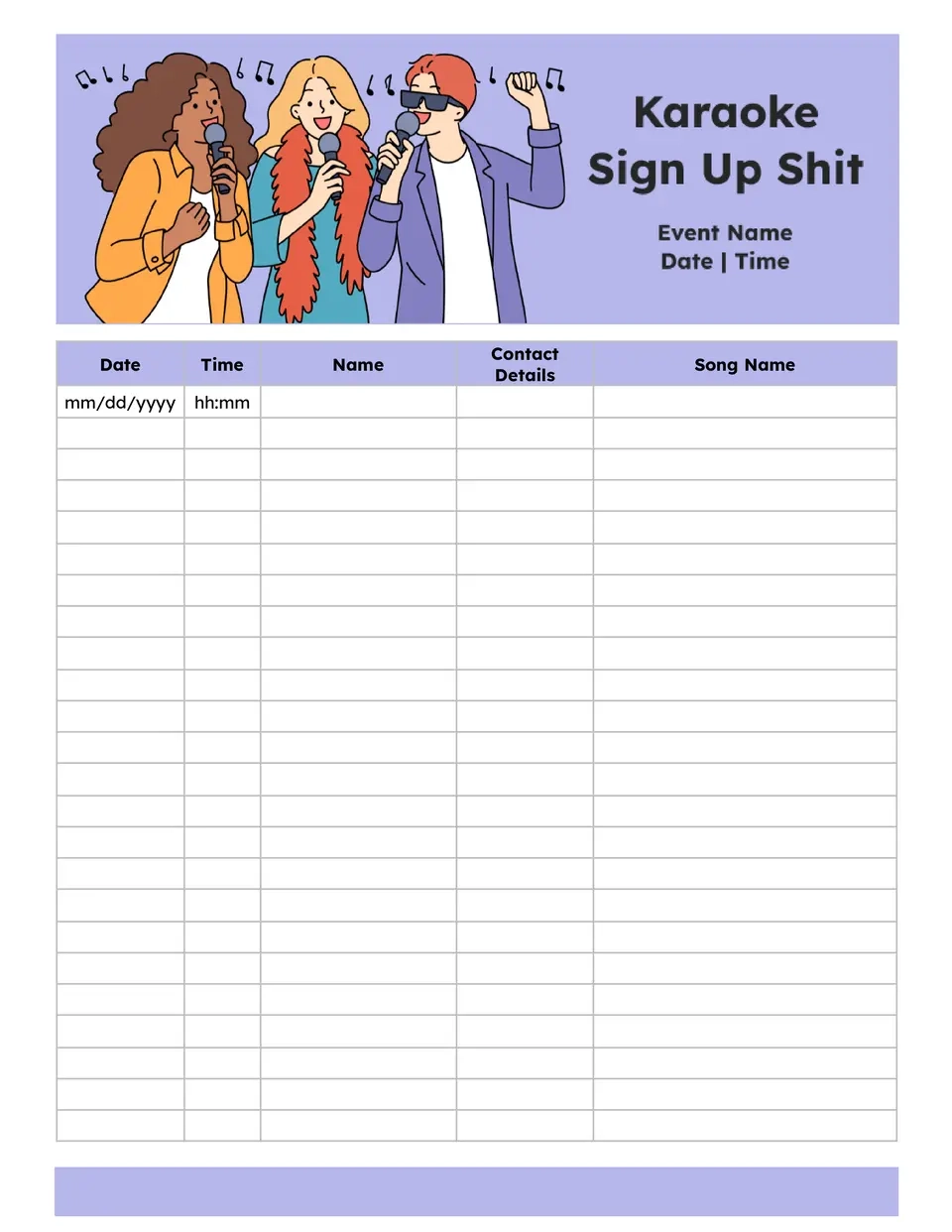 Karaoke Sign Up Sheet Template Karaoke Sign Up Sheet Template