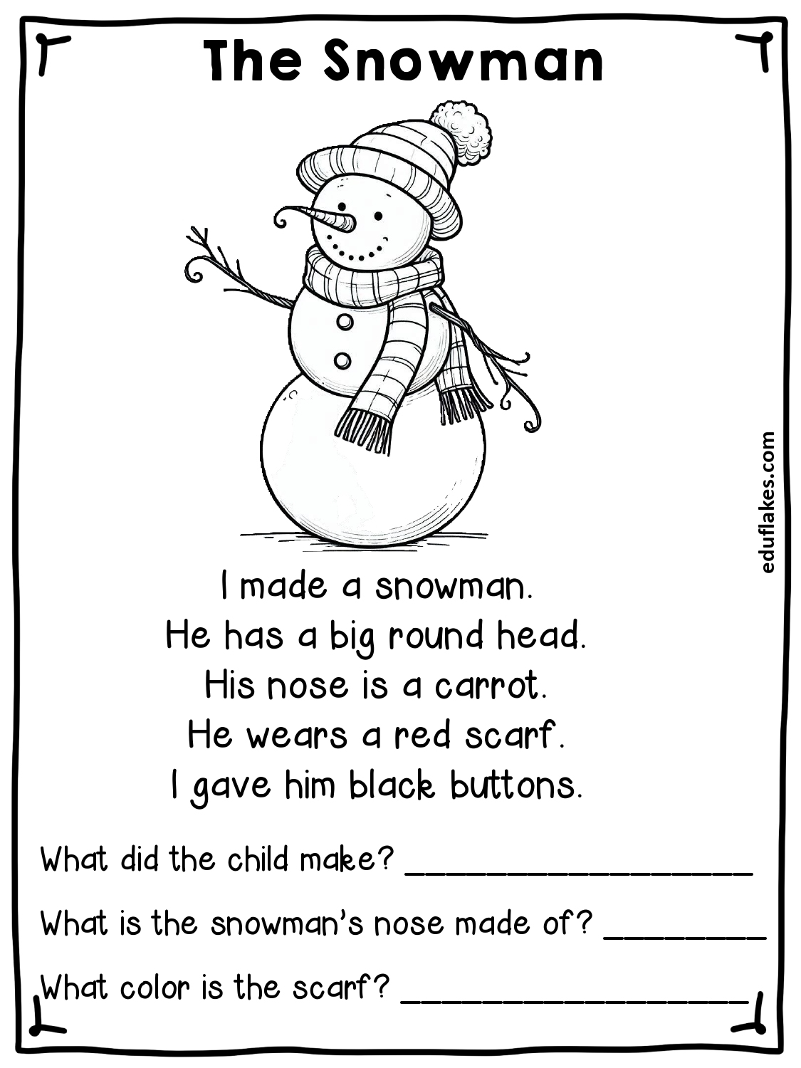 Kindergarten Winter Reading Comprehension Free Pdf