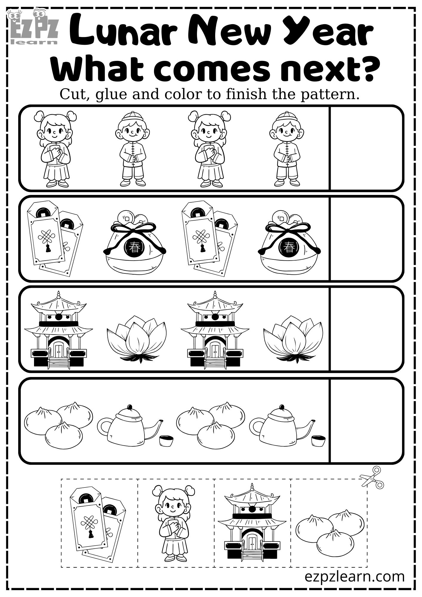 Lunar Chinese New Year And Tet What Comes Next Coloring Activity Number 2 For Kids Coloring