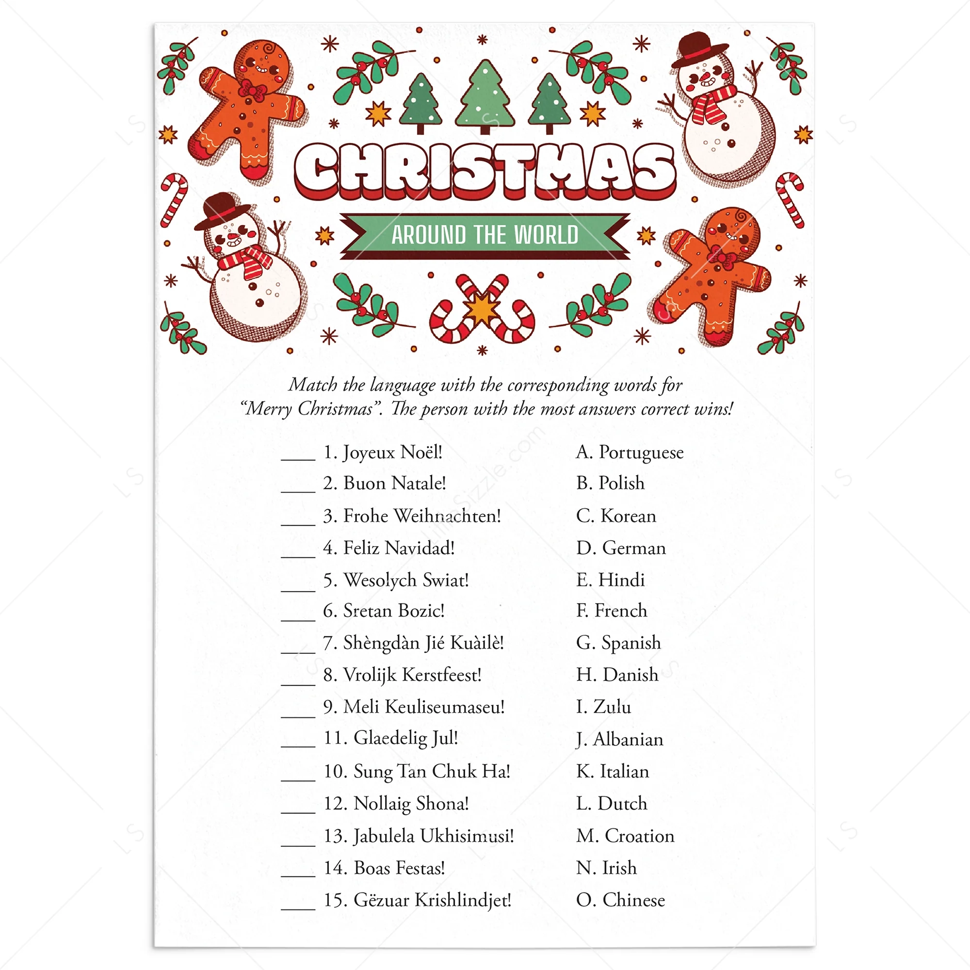 Merry Christmas Around The World Printable Game Card Merry Christmas Around The World Printable Game Card
