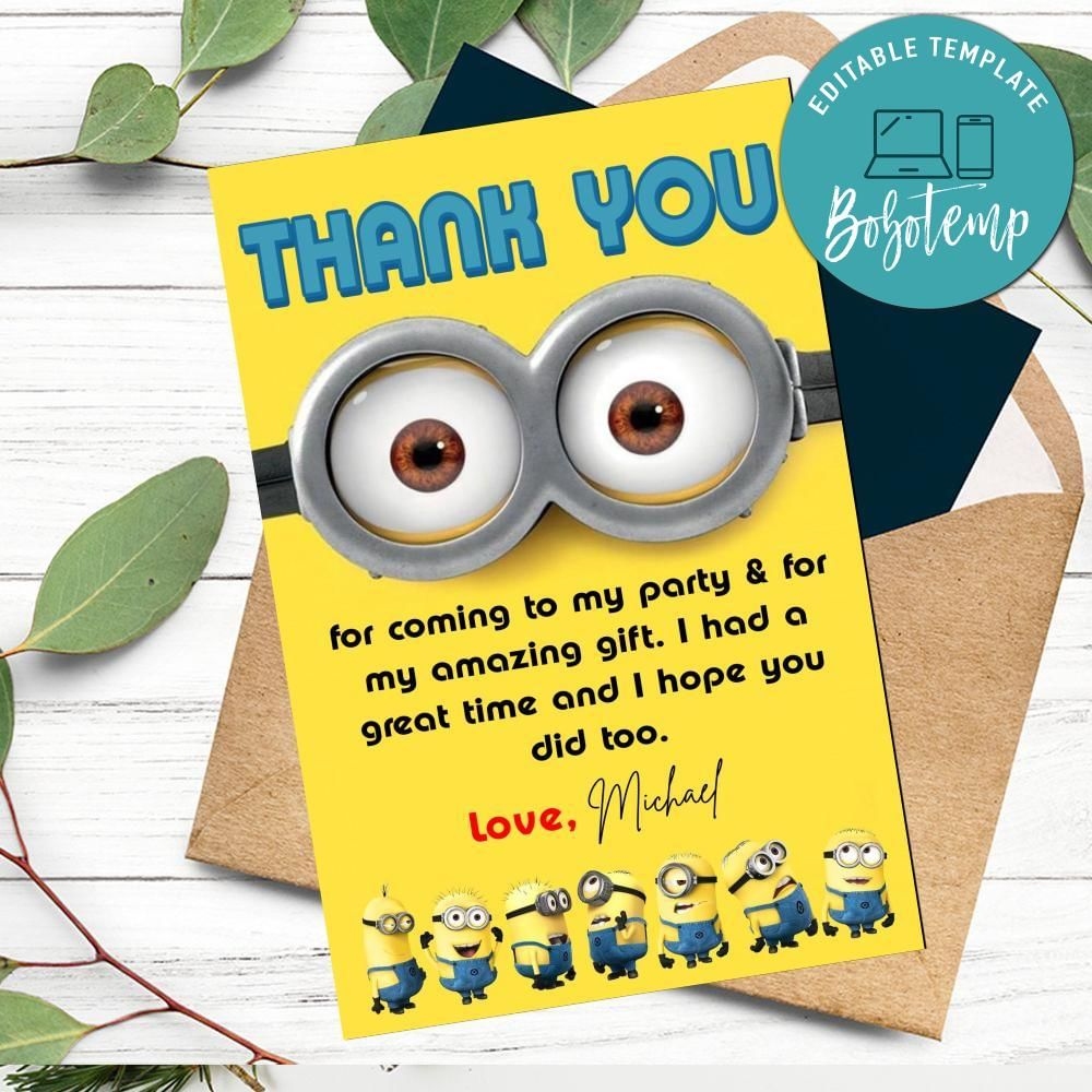 Minions Thank You Card Customizable Template To Print At Home Instant Download Minions Thank You Card Customizable Template To Print At Home Instant Download