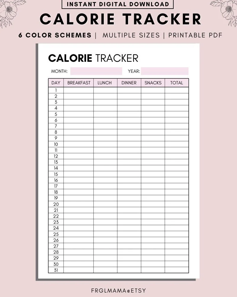 Monthly Calorie Tracker Printable A4 A5