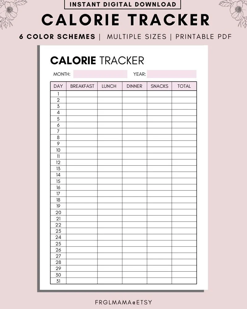Monthly Calorie Tracker Printable A4 A5