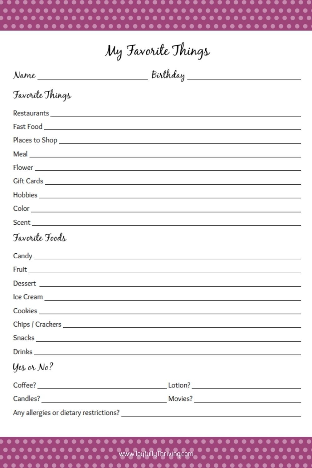 My Favorite Things Printable