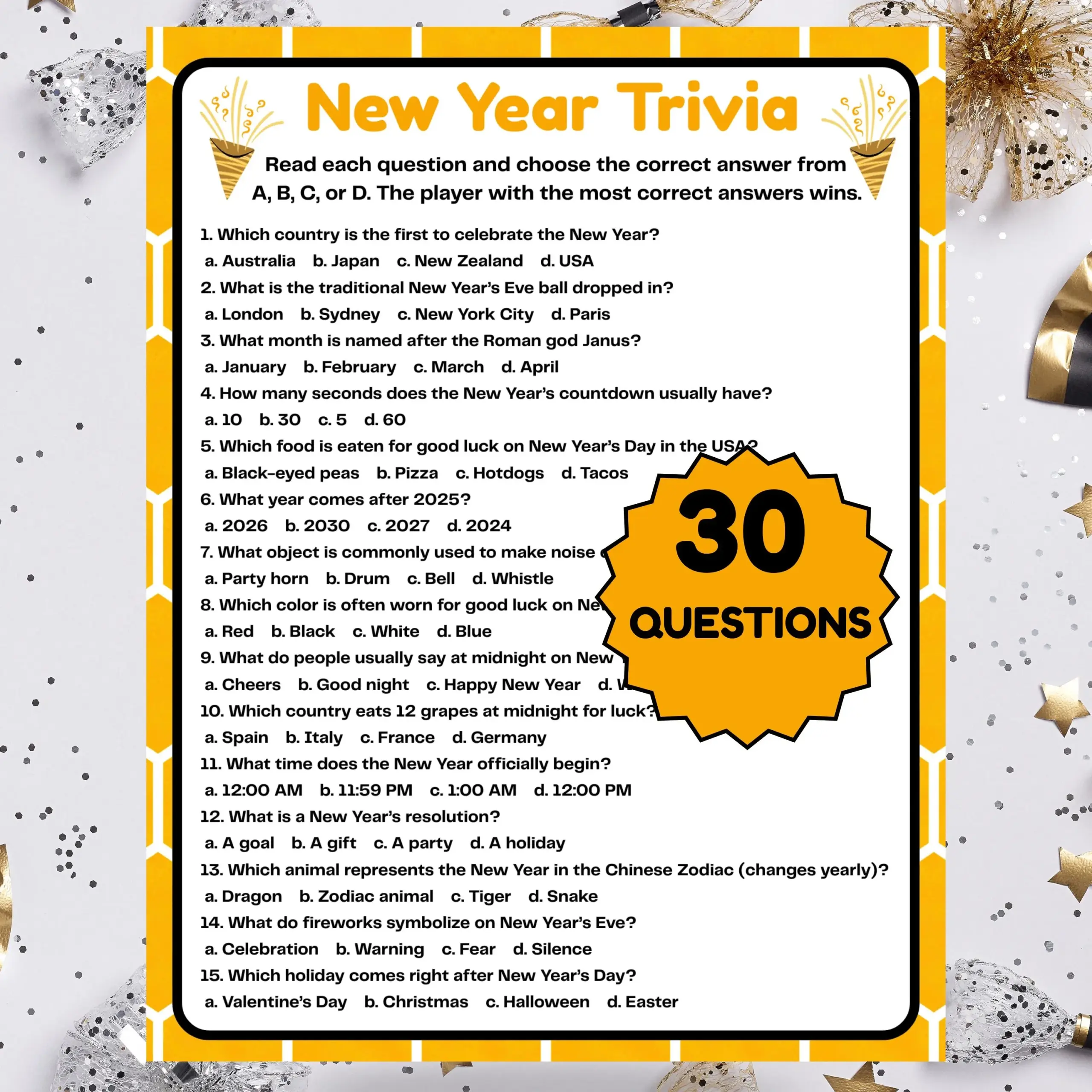 New Year Trivia Game 2026 O Printable