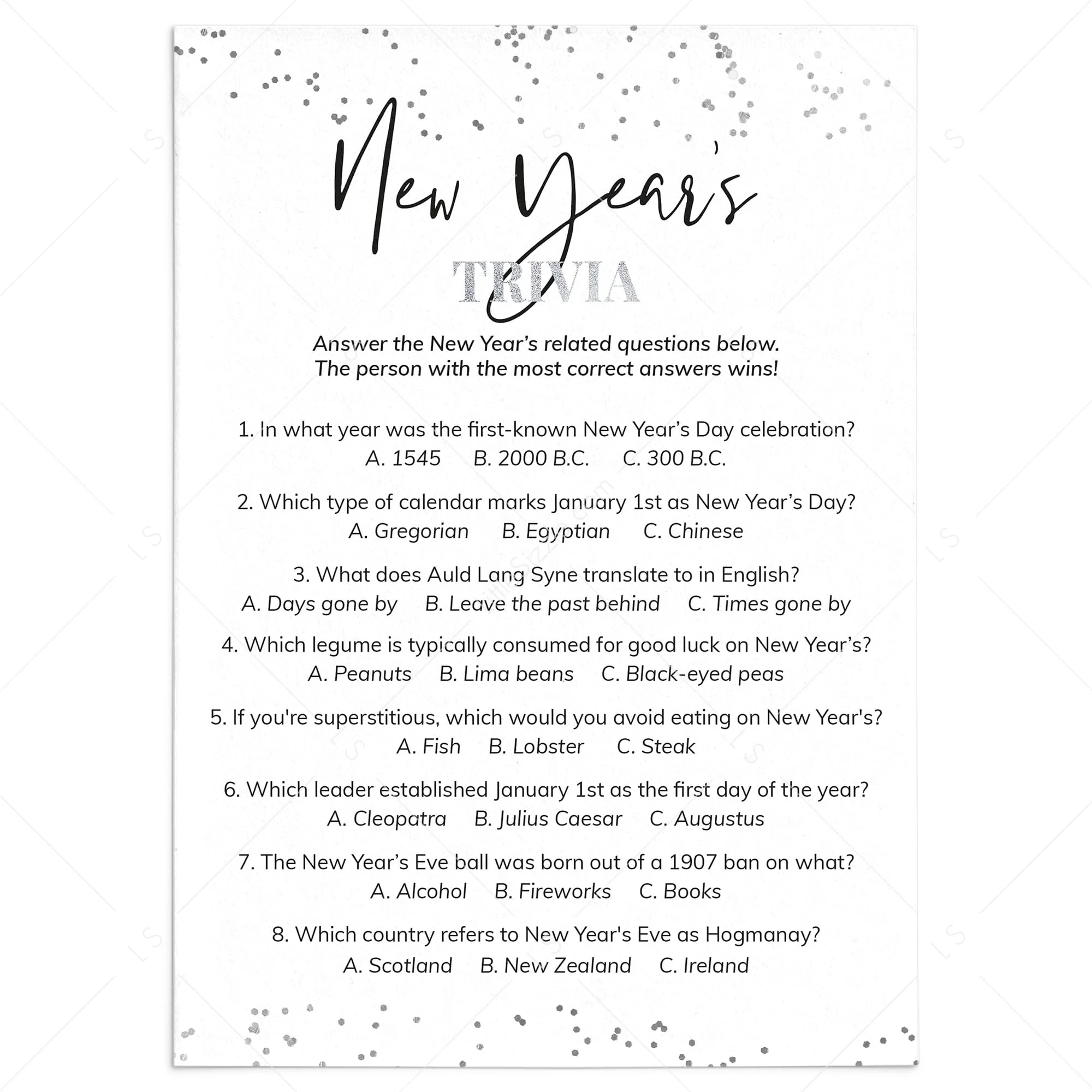 New Year Trivia With Answer Key Printable