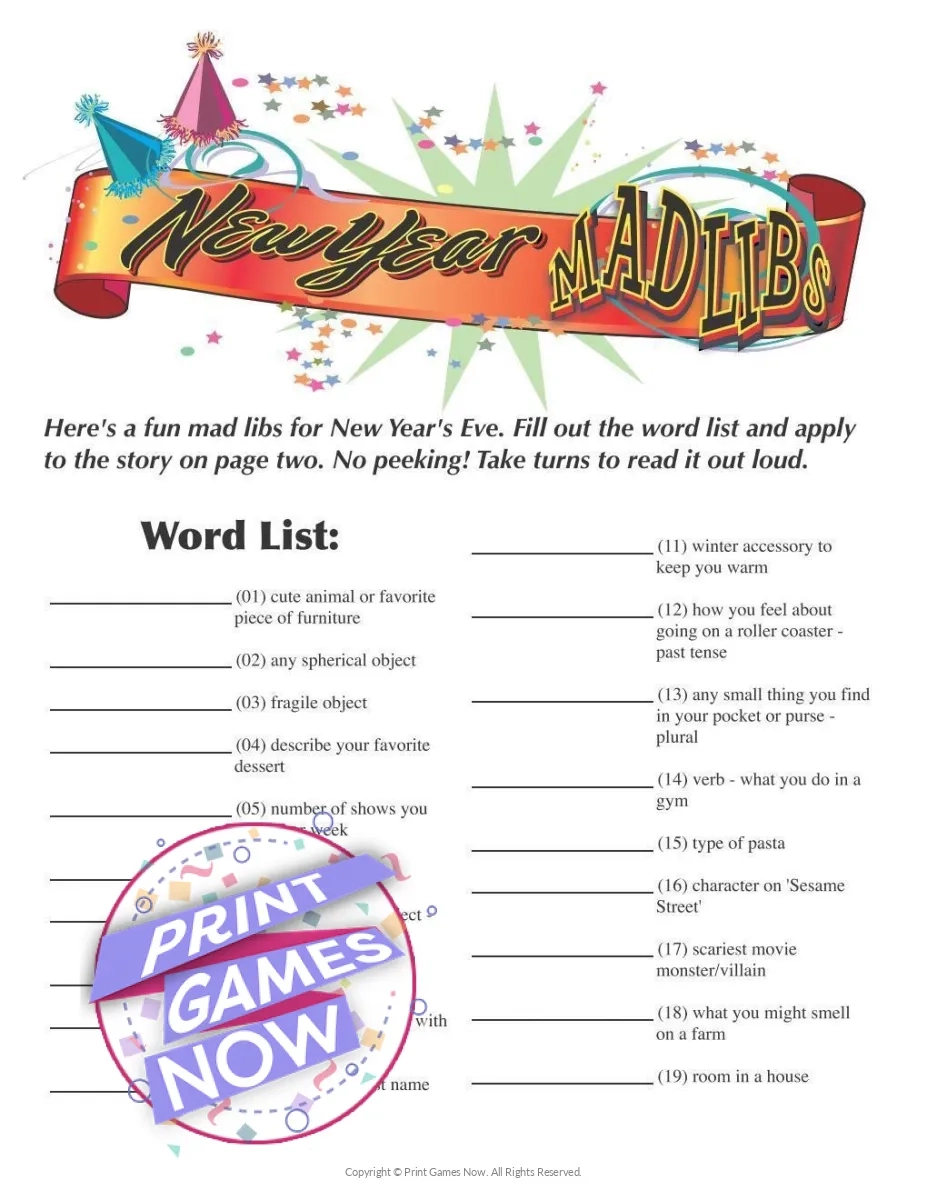 New Years Eve Mad Libs