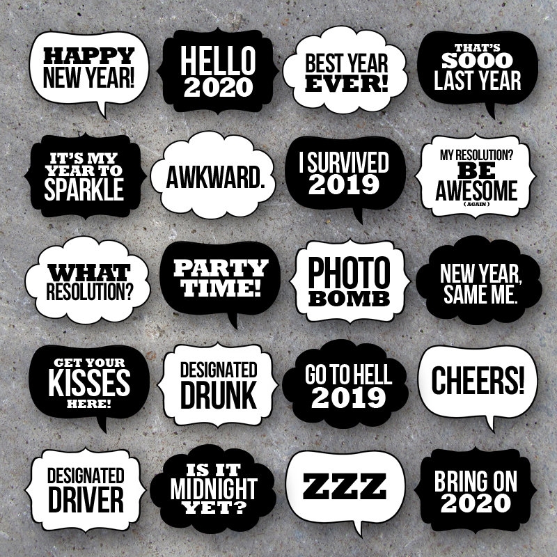 New Years Eve Talk Bubbles Photo Booth Props Collection Printable Speech Bubbles Black White Backgrounds Included Fun Diy Party Ideas