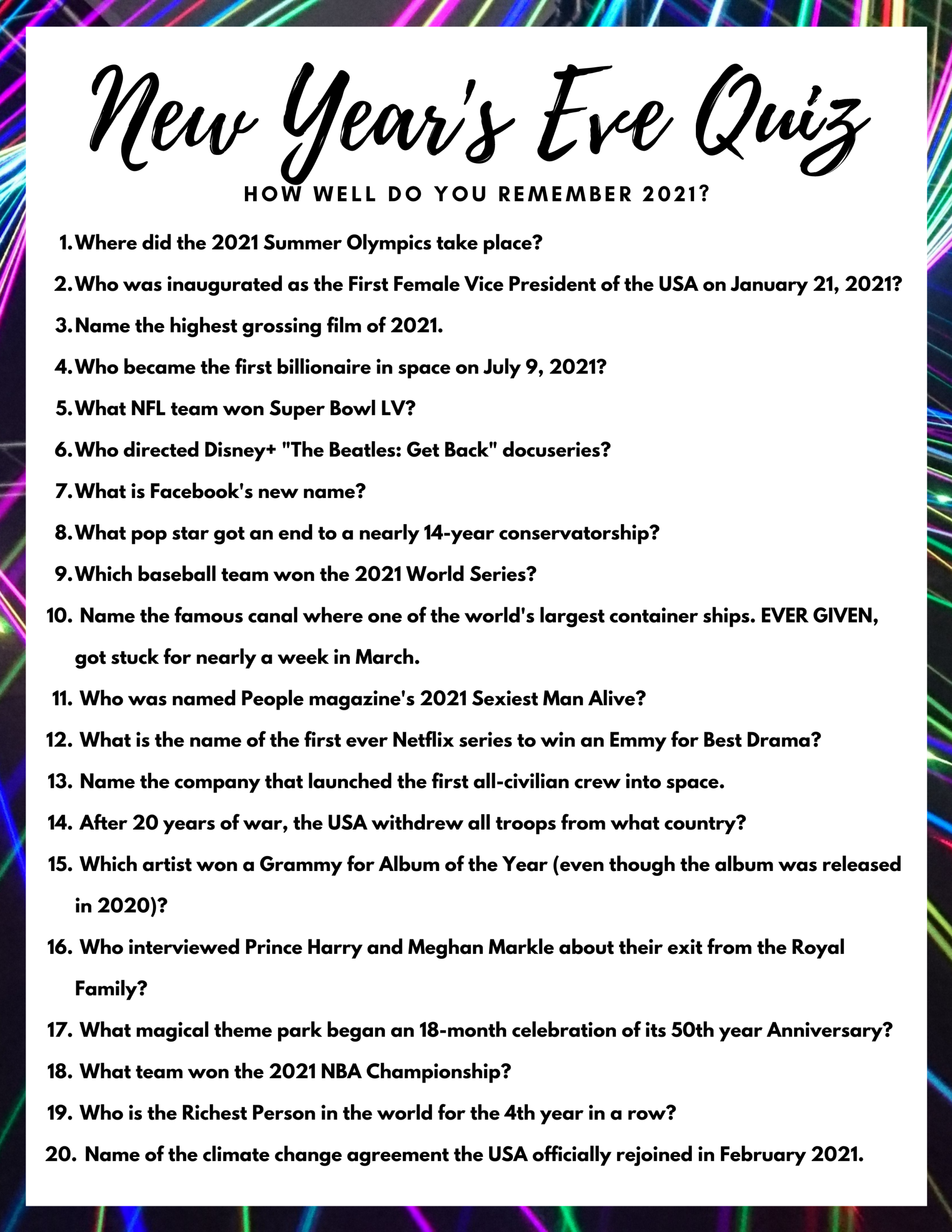 New Years Eve Trivia Game Free Printable