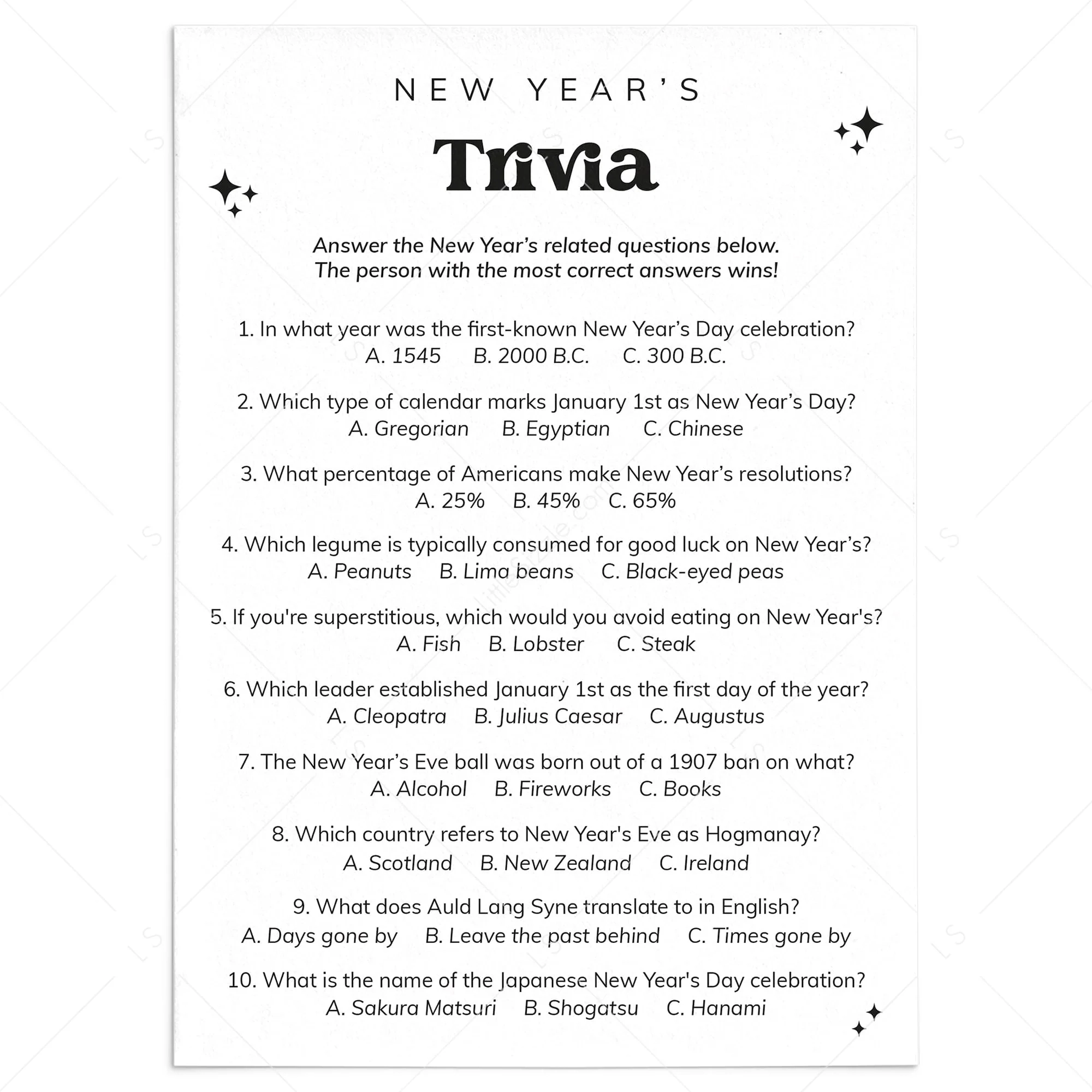 New Years Eve Trivia Questions And Answers Printable