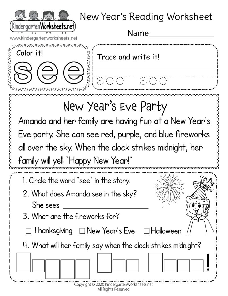 New Years Reading Worksheet Printable