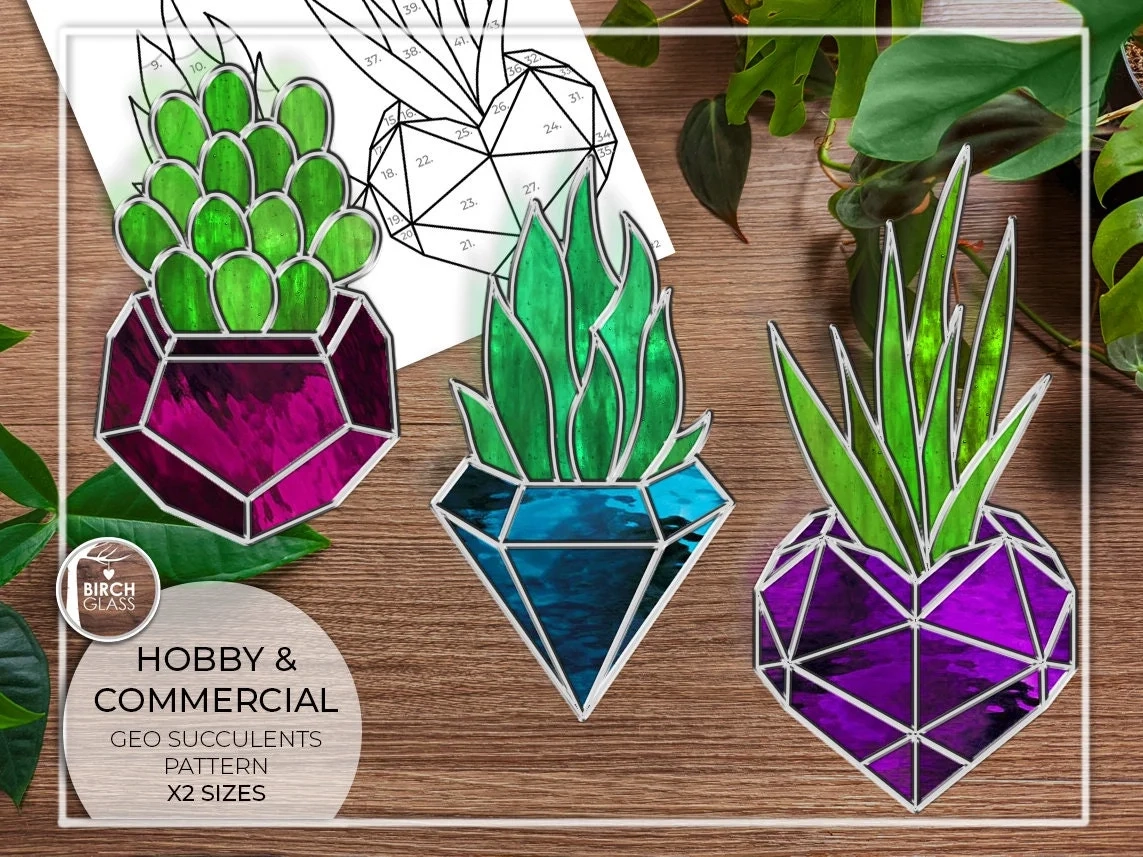 Pattern Geometric Succulents Stained Glass Pattern Pdf Digital Download Cactus Cacti Succulent Gemstone Crystal Plant