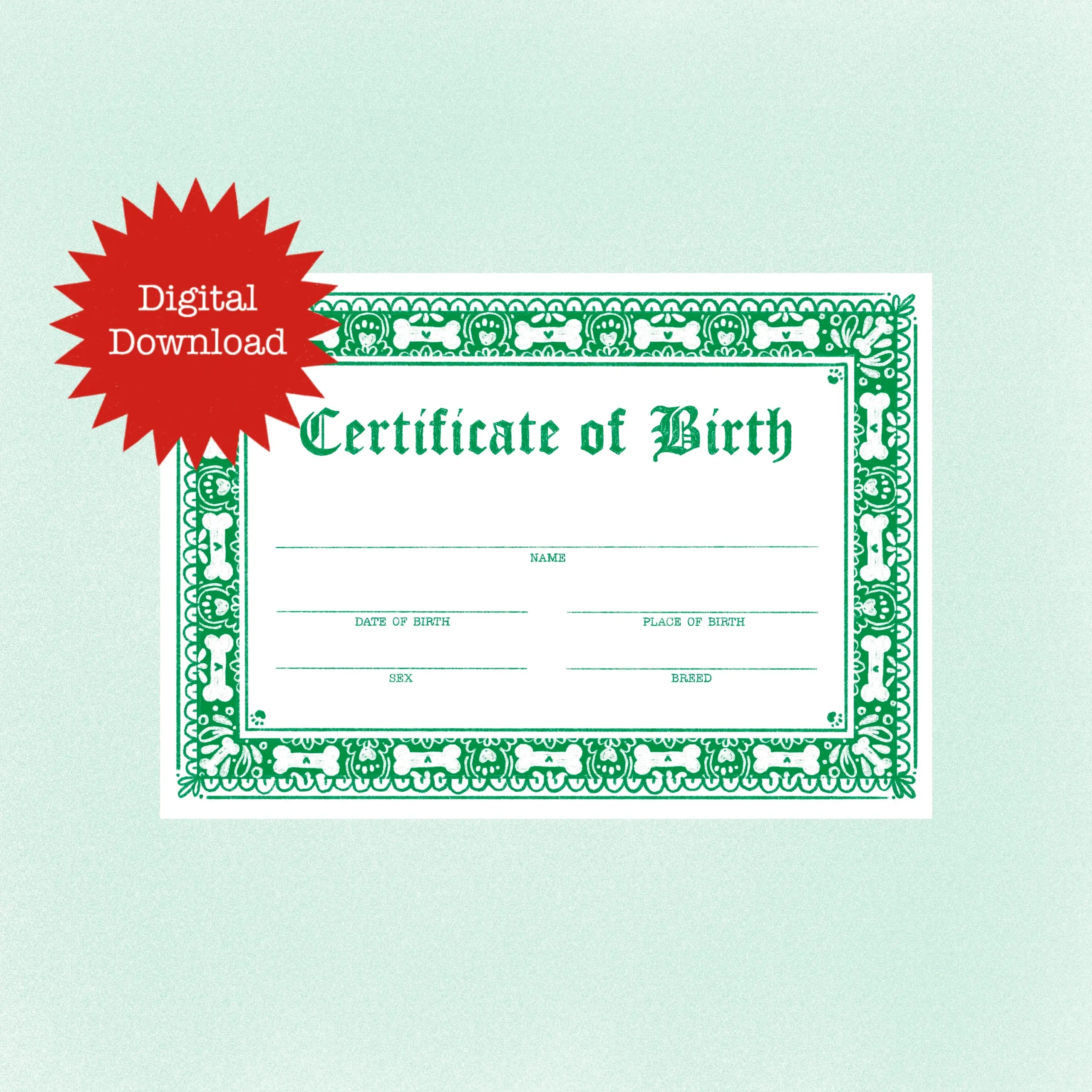 Pet Dog Birth Certificate Print Blank