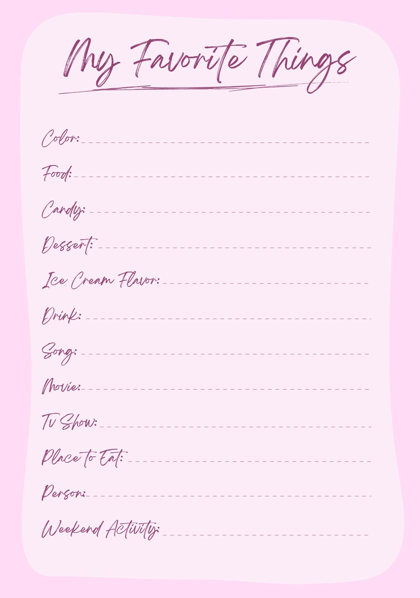 Post My Favorite Things Template Printable 234883