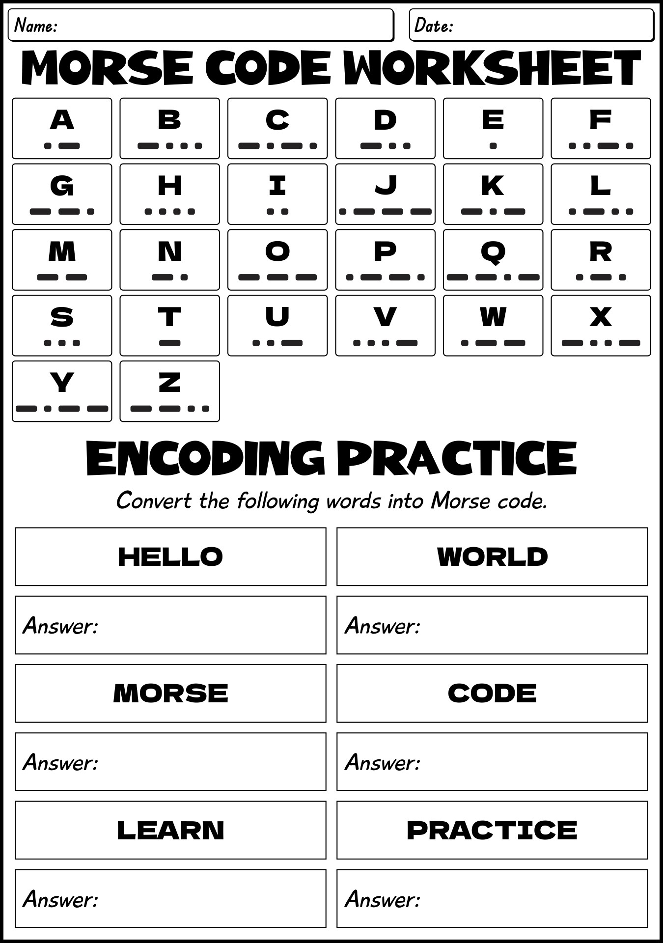 Post Printable Morse Code Worksheet 140441