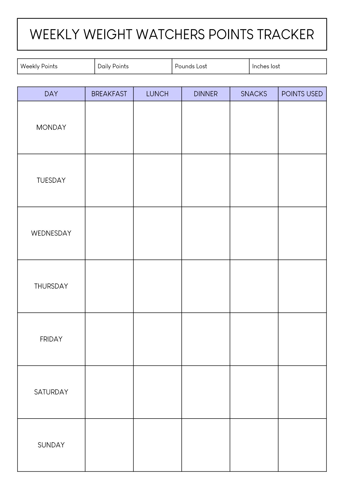 Post Weight Watchers Point Tracker Sheet Printable 380423