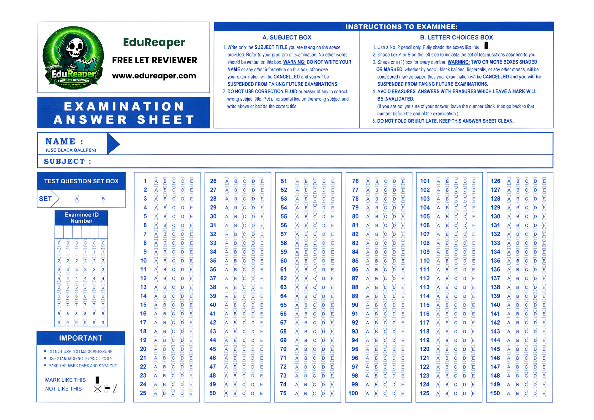 Prc Let Answer Sheet Shading Scantron