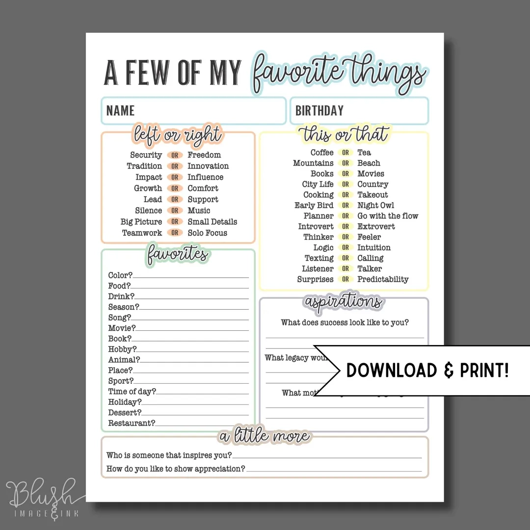 Printable All About Me Favorites