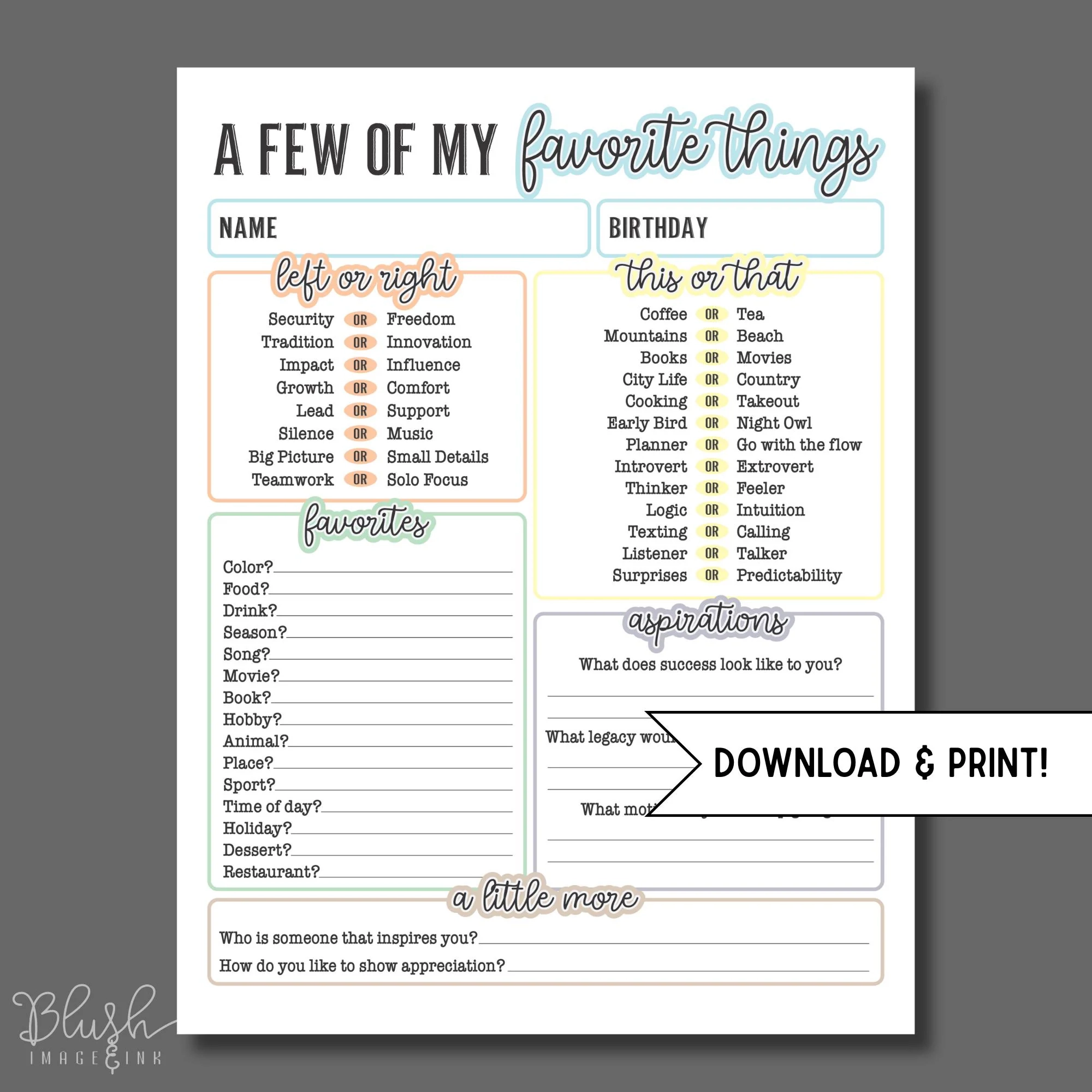 Printable All About Me Favorites