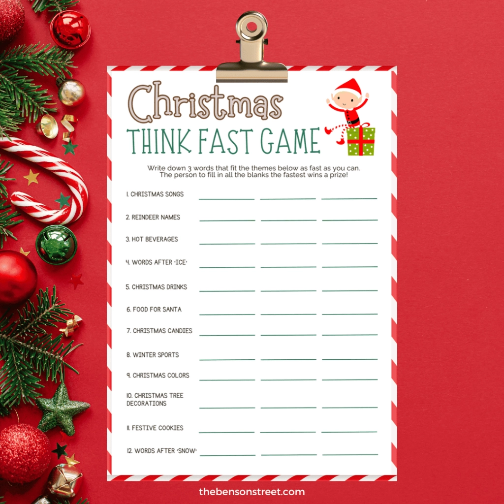 Printable Christmas Think Fast Game Printable Christmas Think Fast Game