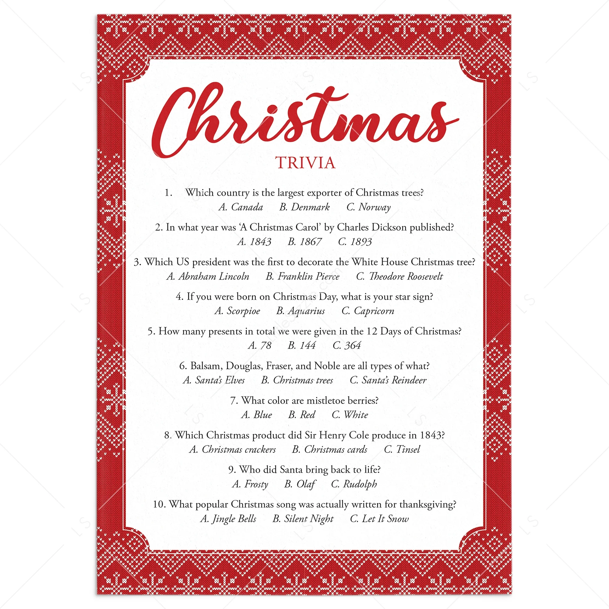 Printable Christmas Trivia With Answers