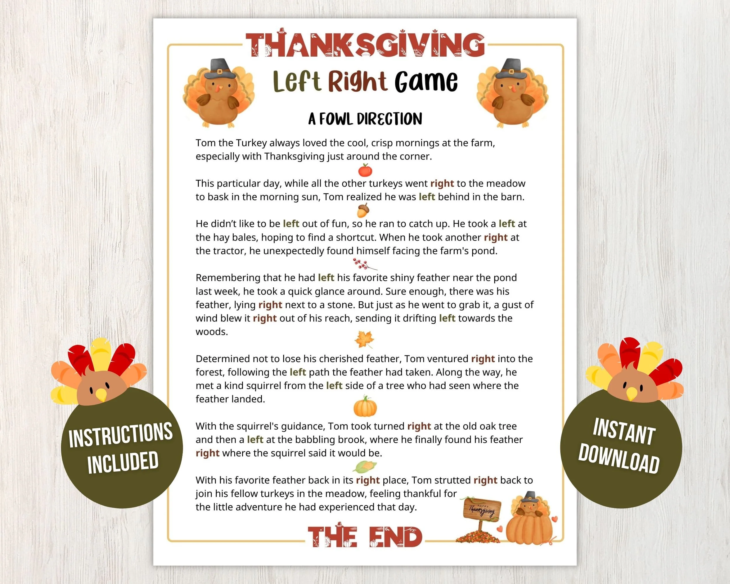 Printable Thanksgiving Left Right Game Printable Thanksgiving Left Right Game