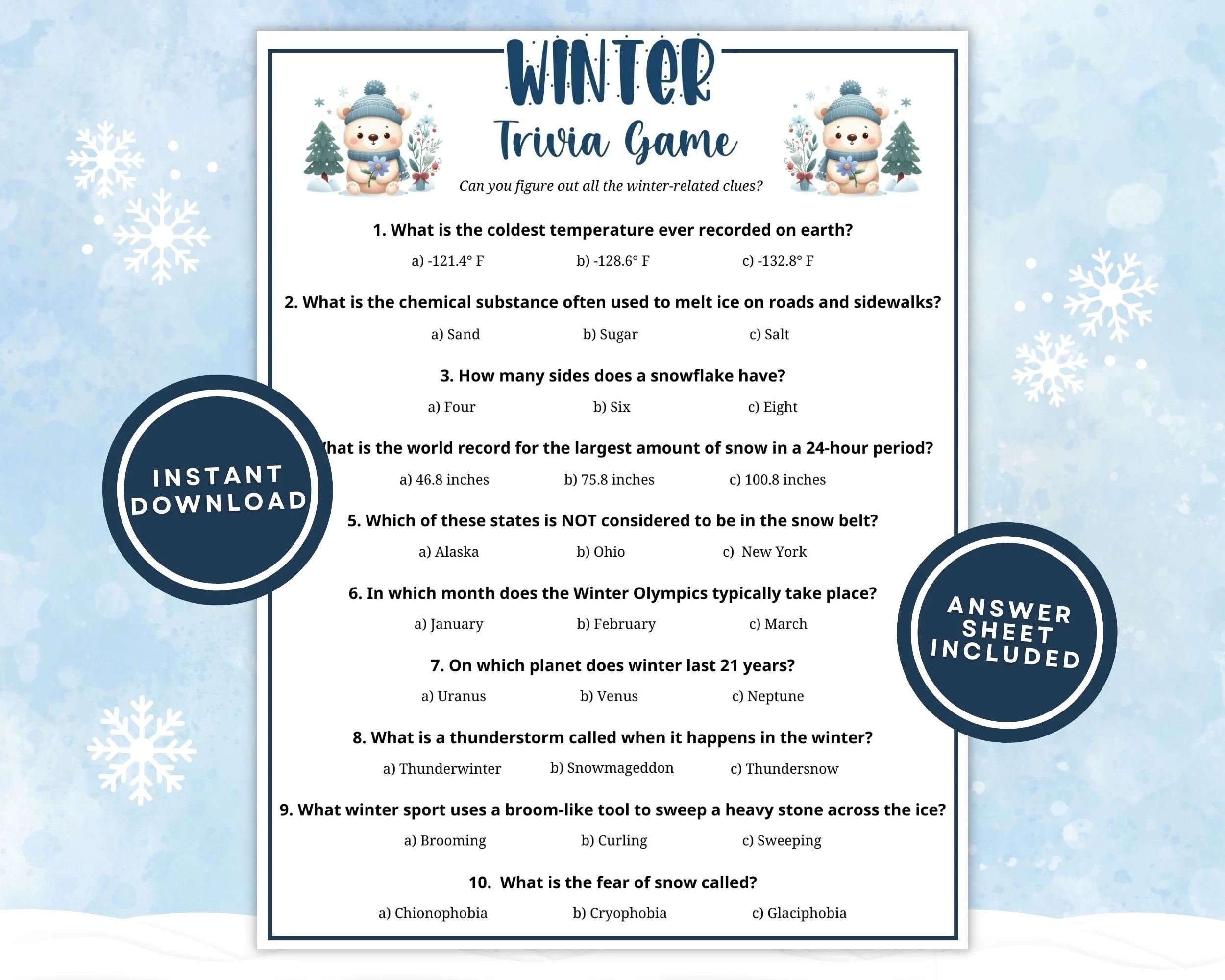 Printable Winter Trivia Game For Kids