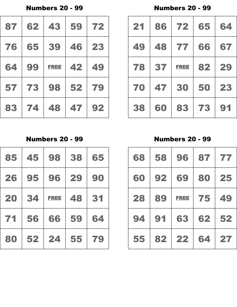 free printable number bingo cards 1 20