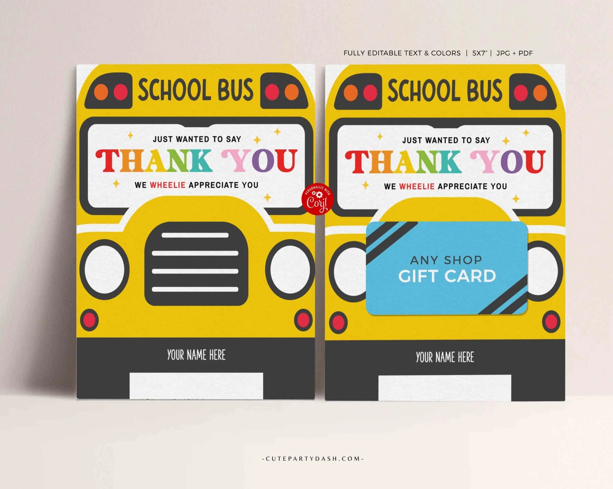 Rintable School Bus Driver Thank You Appreciation Gift Card Holder Template Instant Download