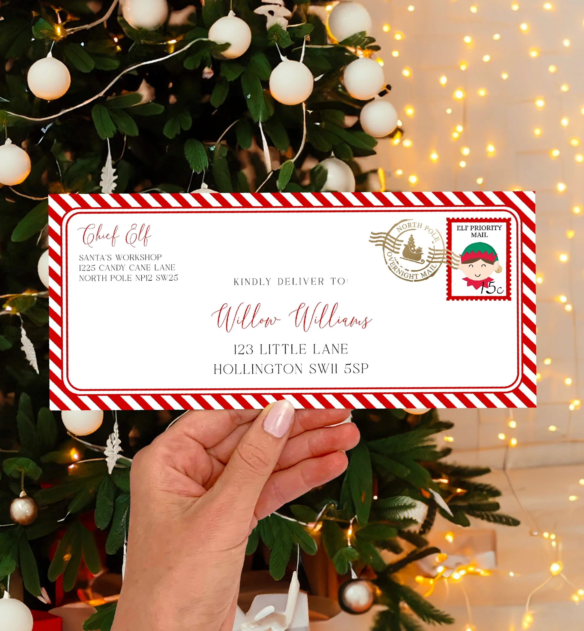 Santas Workshop Red Printable Elf Christmas Envelope Template