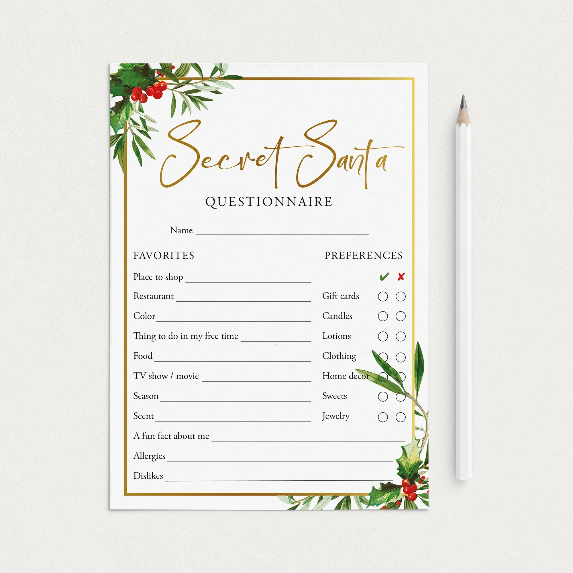 Secret Santa Questions Form For Adults Printable