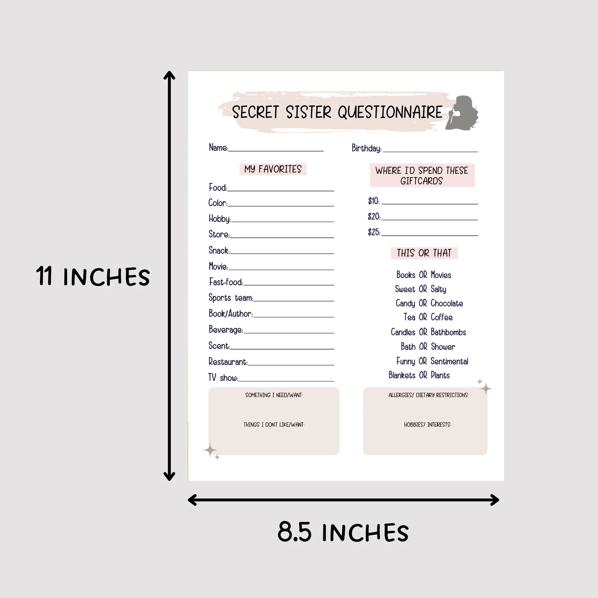 Secret Sister Questionnaire Printable All About Me Survey
