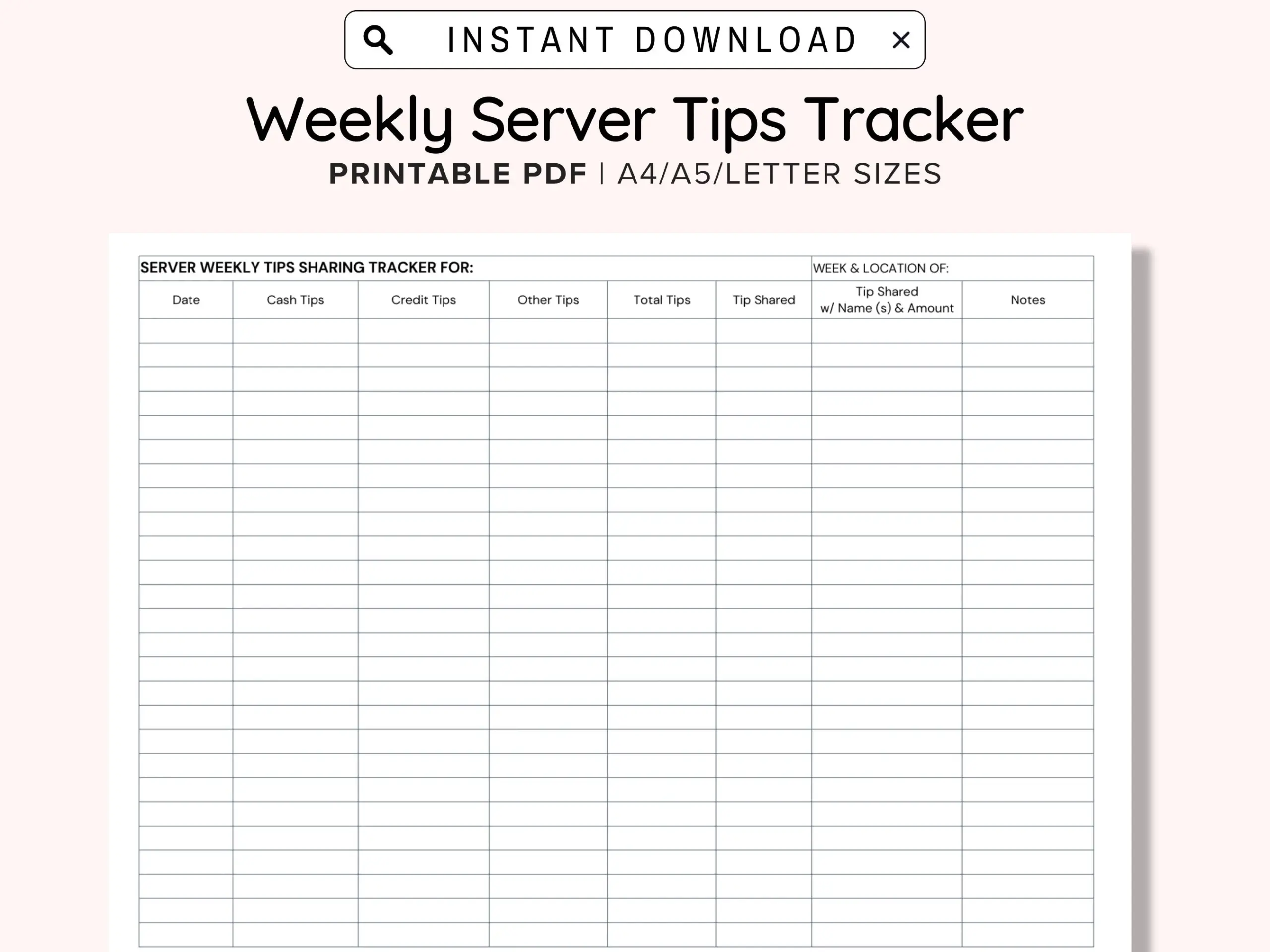 Server Tips Tracker Sheet Printable For