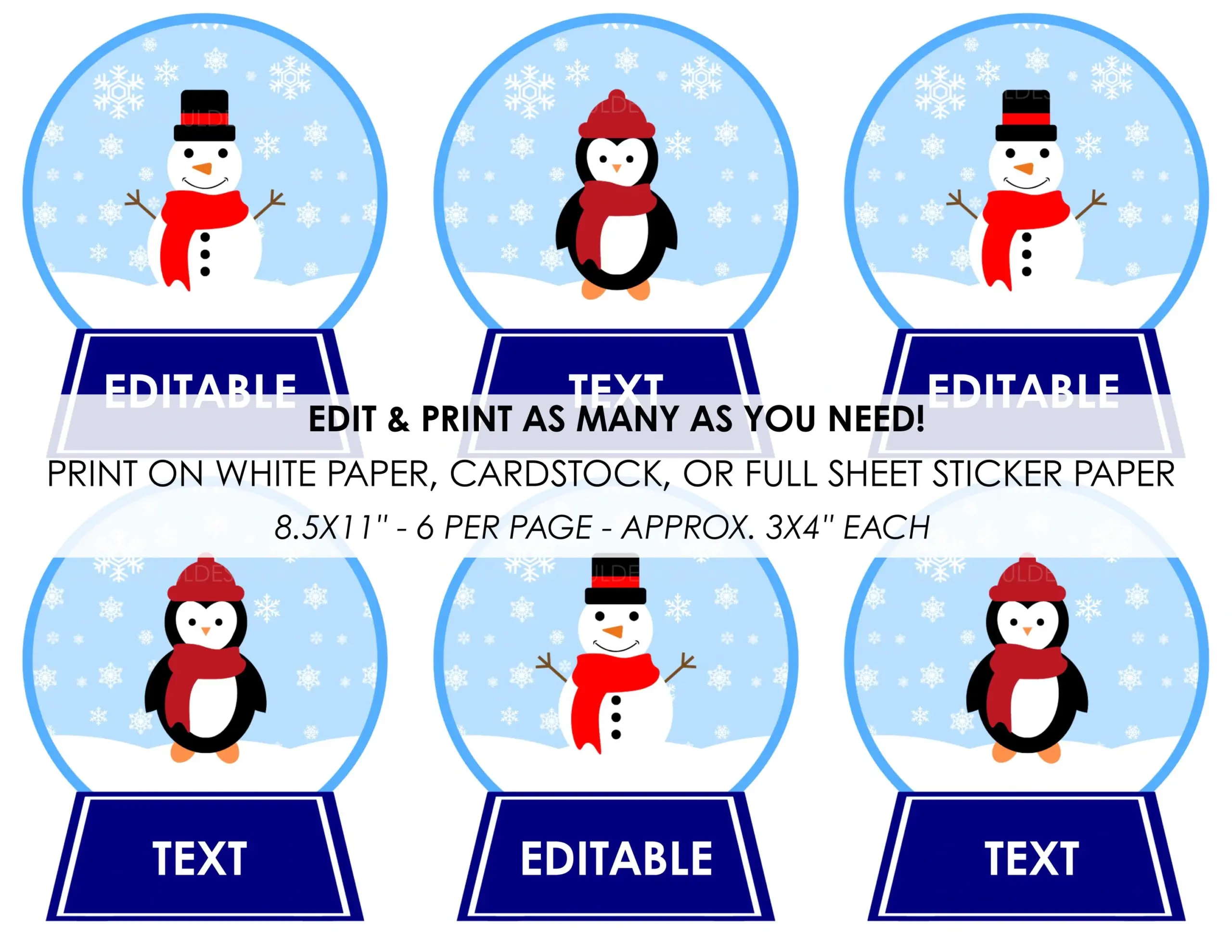 Snowman Penguin Snow Globe Tags Editable