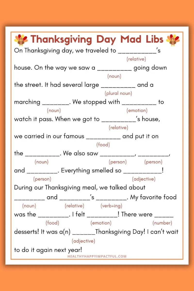 Thanksgiving Mad Libs