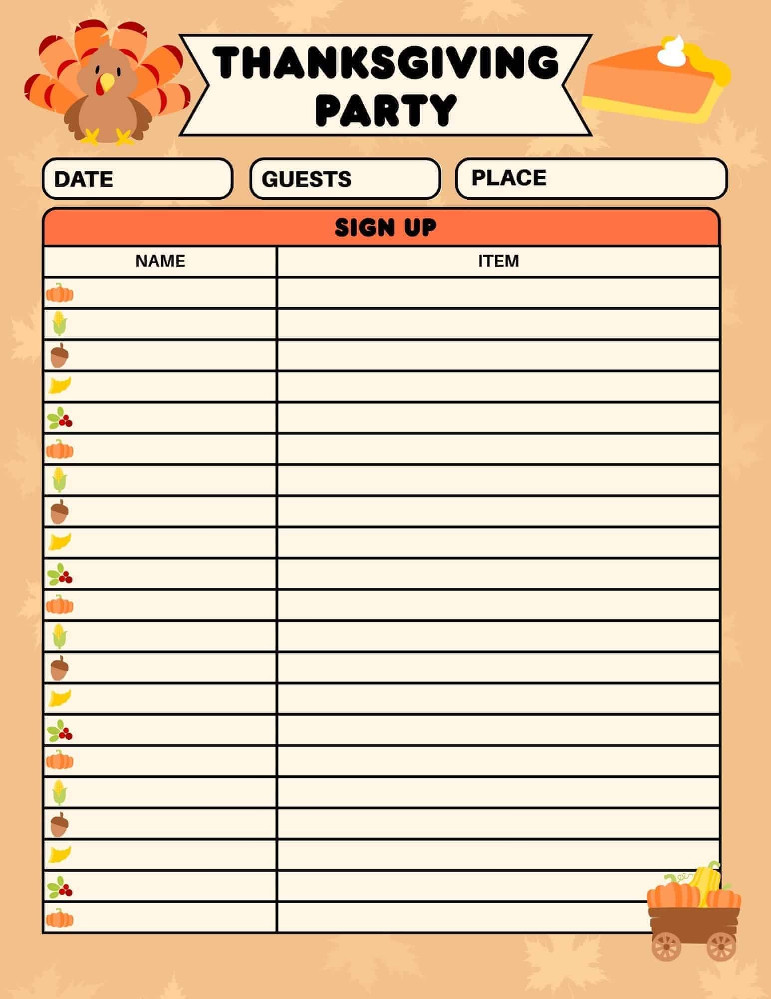 Thanksgiving Party Sign Up Sheet
