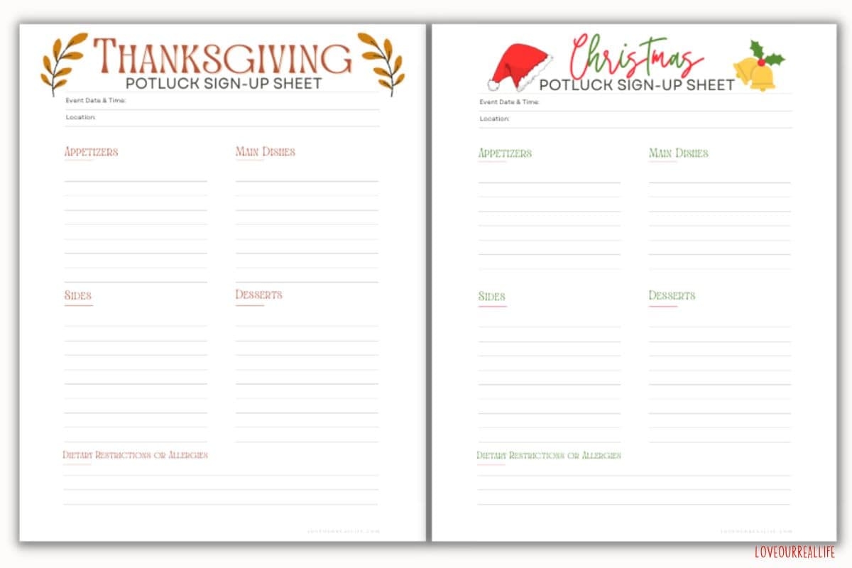 Thanksgiving Potluck Signup Sheet Free Printable
