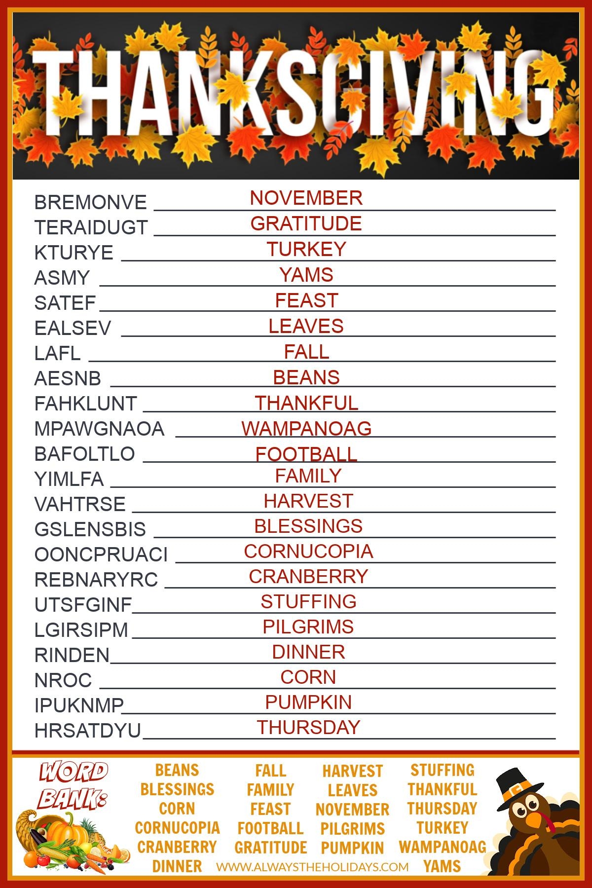 Thanksgiving Word Scramble