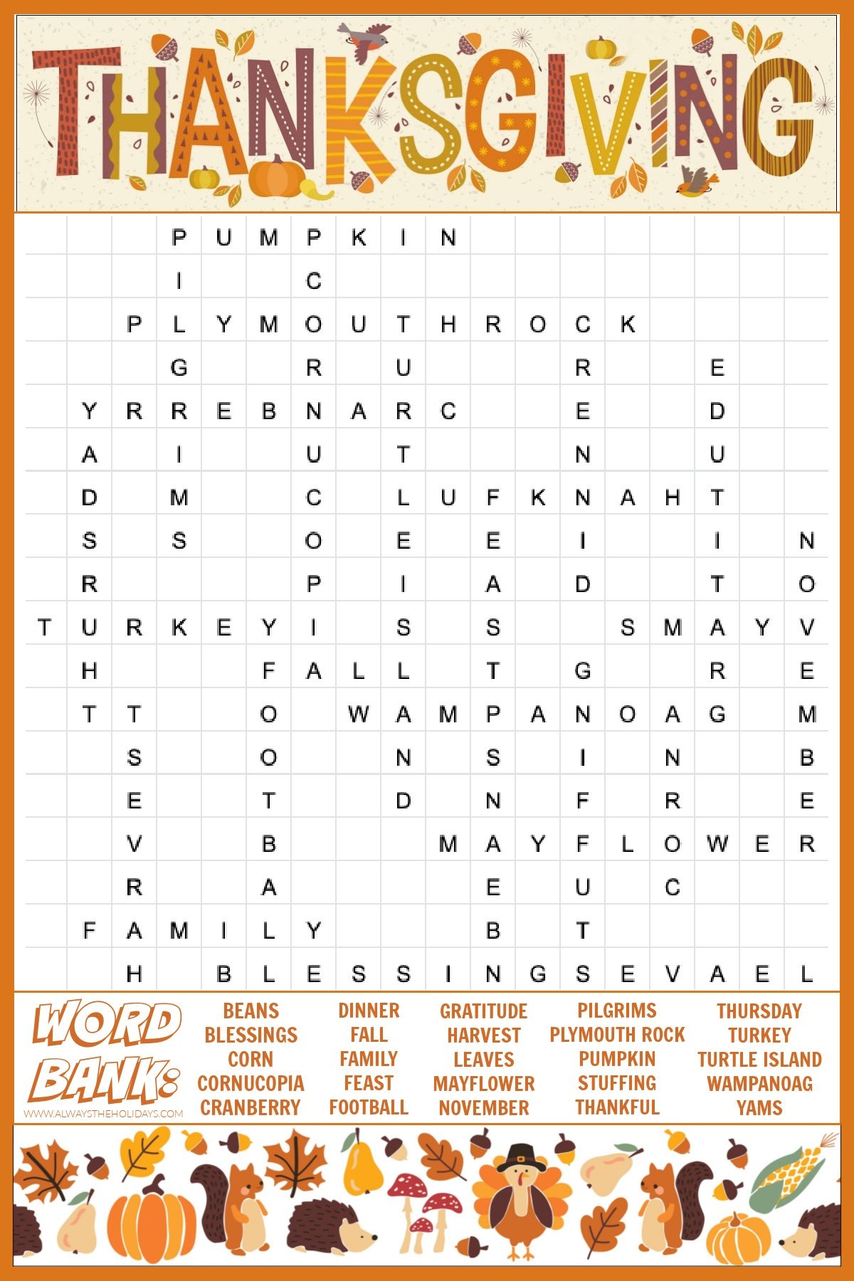 Thanksgiving Word Search Thanksgiving Word Search