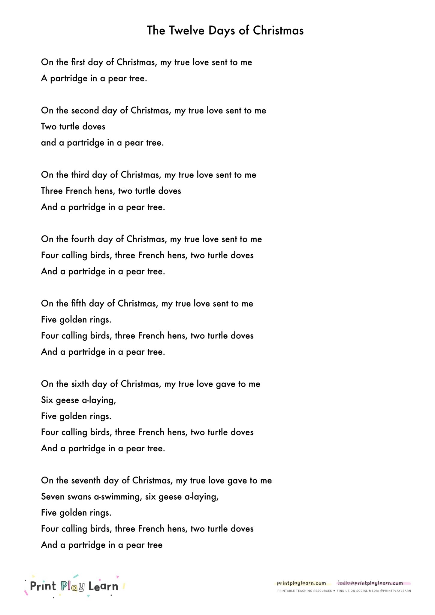 Twelve Days Of Christmas Song Words