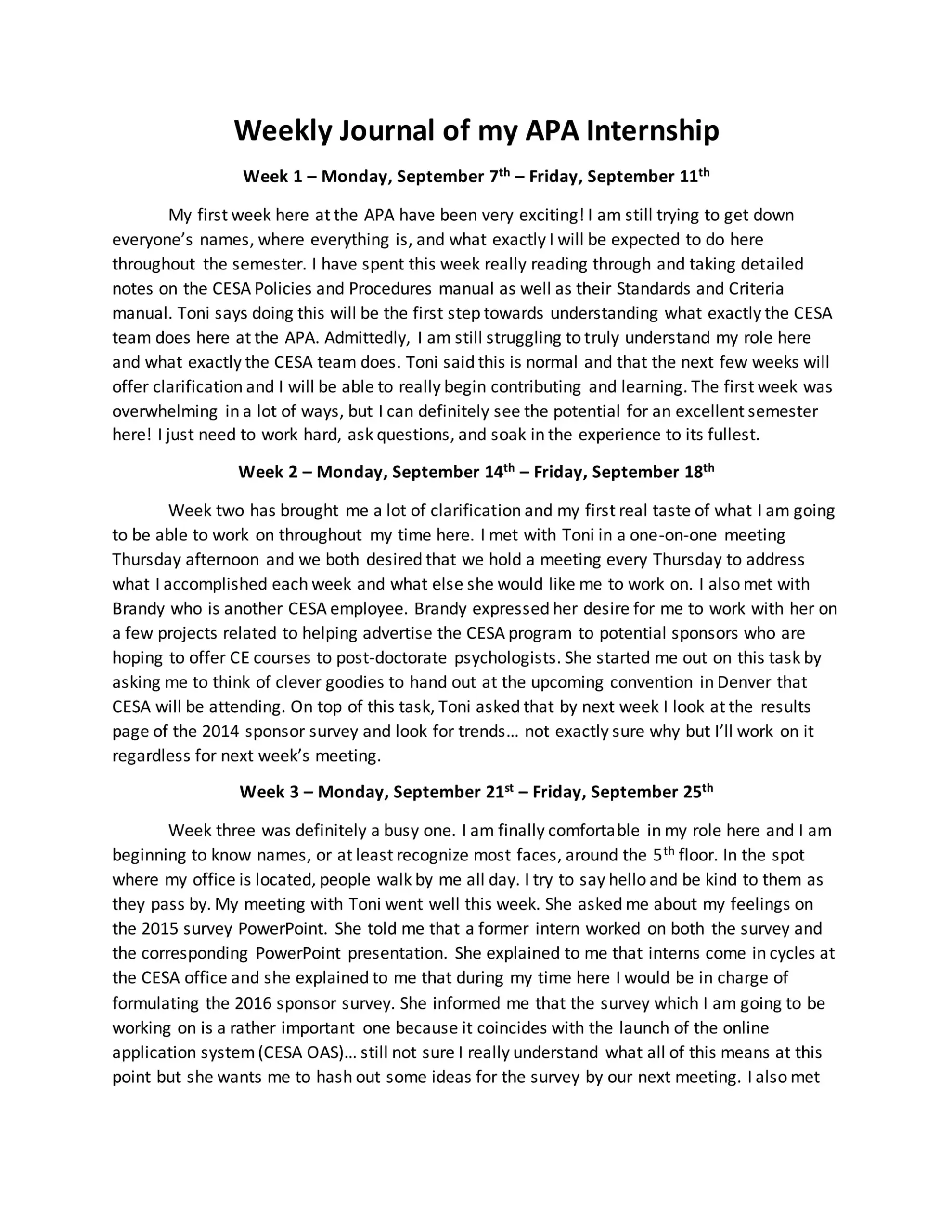 Weekly Journal Of My Apa Internship Dane 58728827
