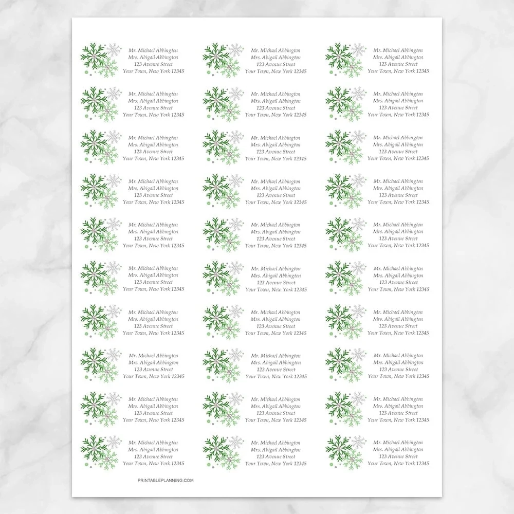 Winter Green Gray Snowflake Address Labels Printable Winter Green Gray Snowflake Address Labels Printable