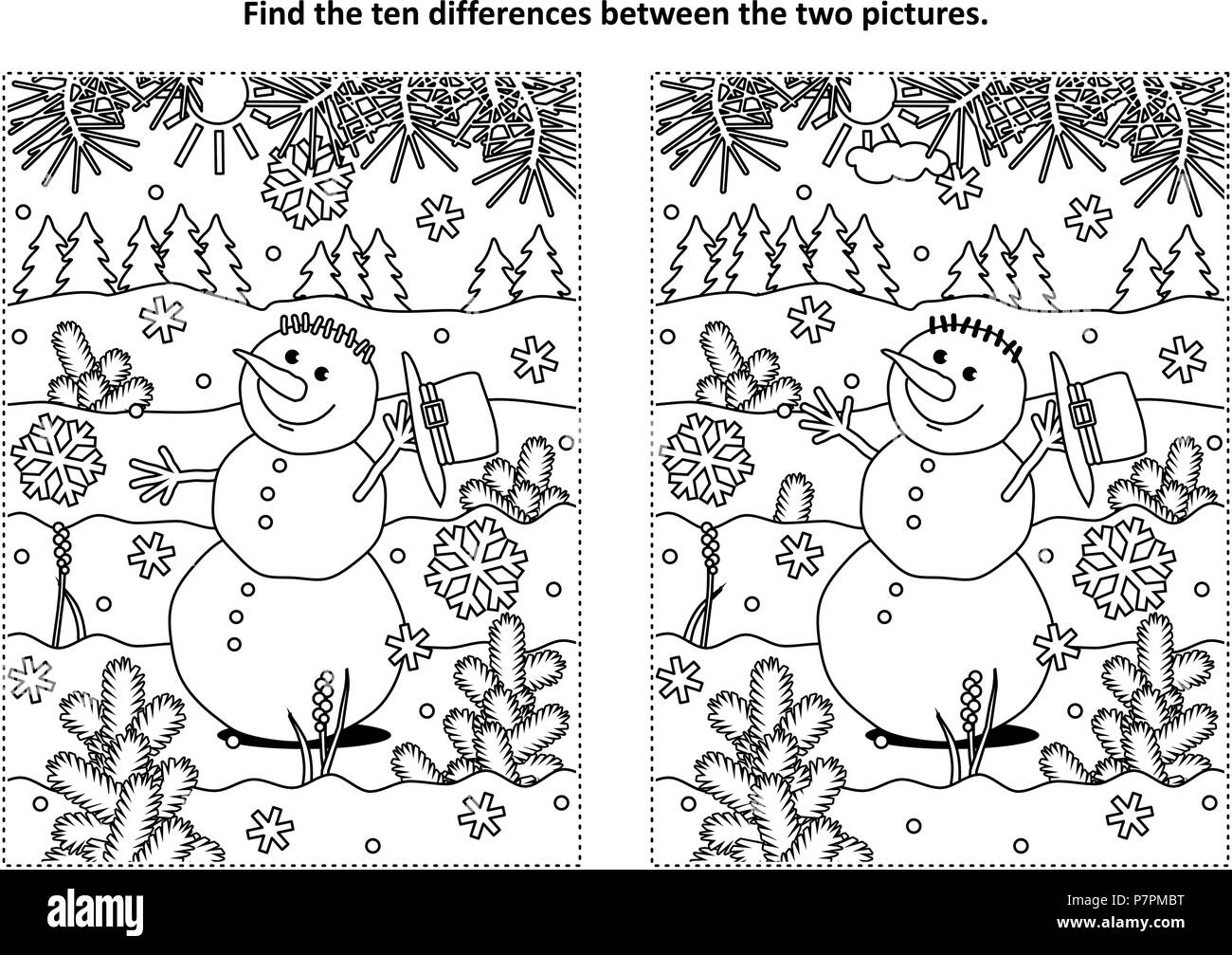 Winter Holidays New Year Or Christmas Themed Find The Ten Differences Picture Puzzle And Coloring Page With Happy Cheerful Snowman Walking Outdoor Image211325964