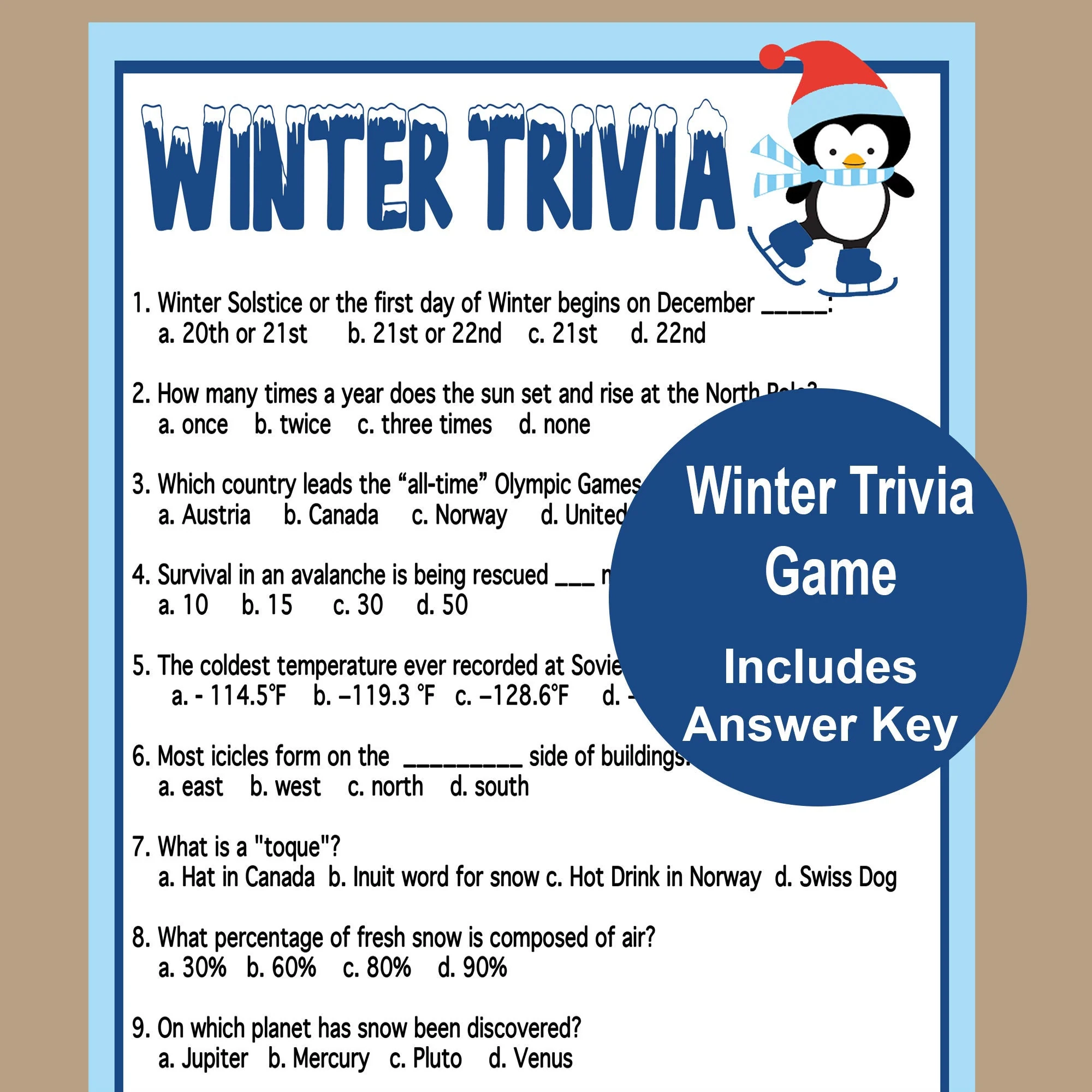 Winter Trivia Game Printable Winter Game Winter Trivia Game Printable Winter Game
